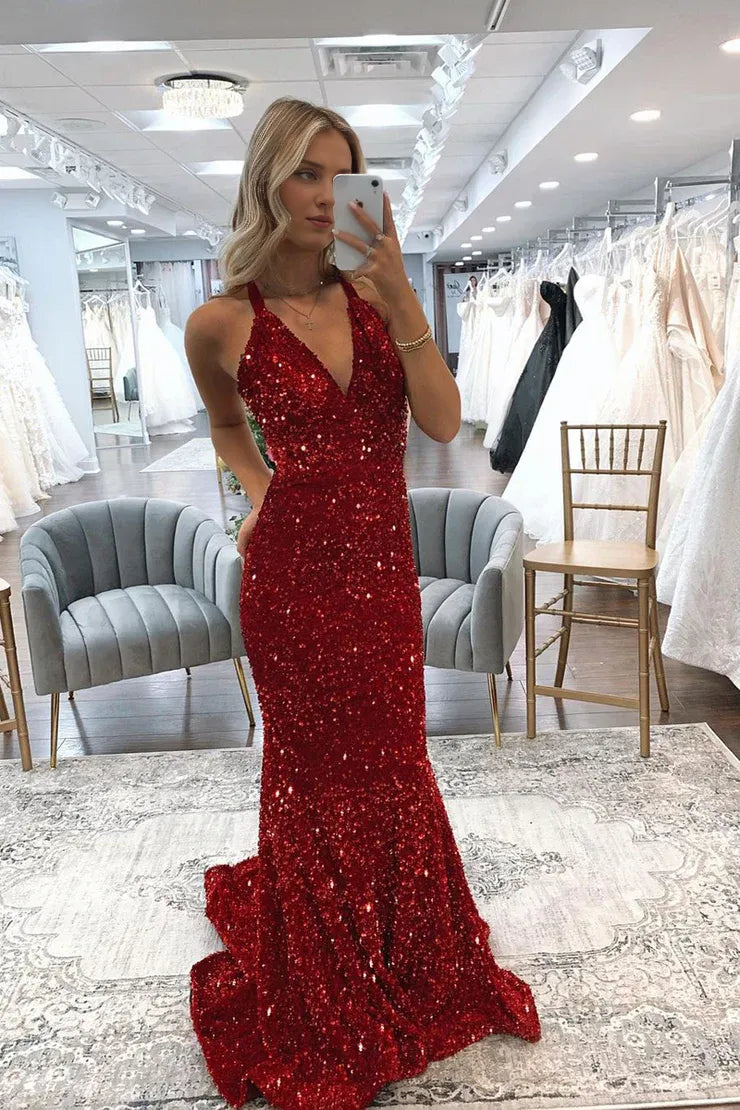 Weitese Dress Sweetheart Sparkly Mermaid V Neck Dark Red Sequins Long Prom Dresses